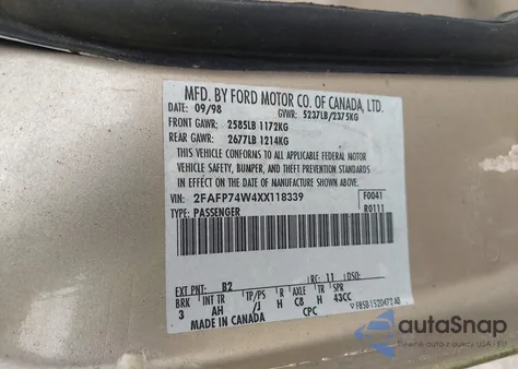 1999 Ford Crown Victoria Lx из США, поврежденный, VIN 2FAFP74W4XX118339